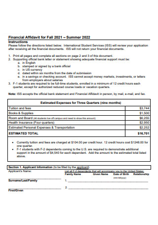Financial Affidavit For Summer