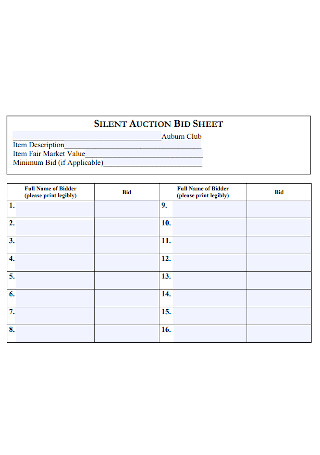 Formal Silent Auction Bid Sheet