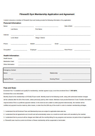Gym Membership Application and Agreement