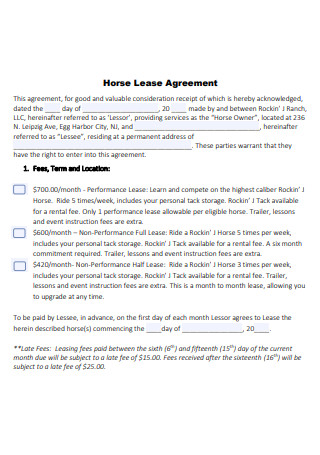 Horse Lease Agreement Example