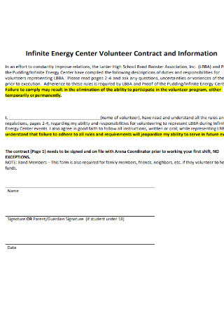 Infinite Energy Center Volunteer Contract