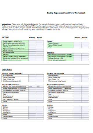 Living Expenses and Cash Flow Worksheet