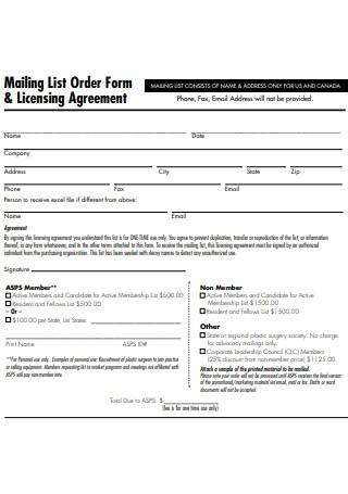 Mailing List Order Form and Licensing Agreement