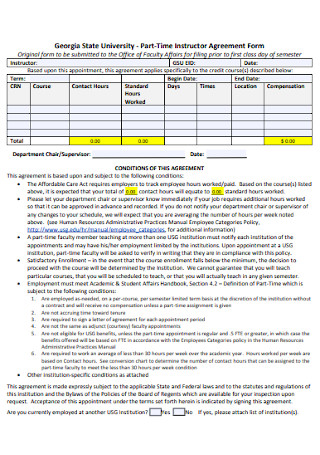 Part Time Instructor Agreement Form