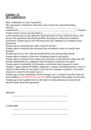 Pet Addendum to a Lease Agreement Example