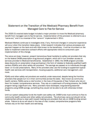 Pharmacy Transition Statement