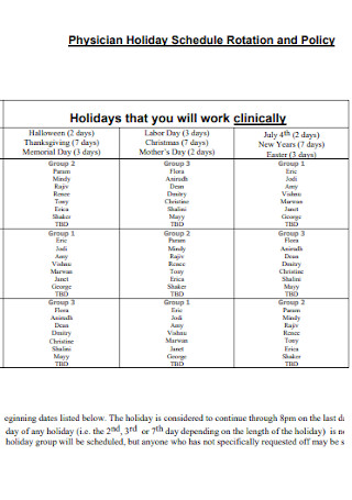 Physician Holiday Work Rotation Schedule