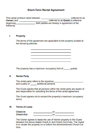 Printable Short Term Rental Agreement