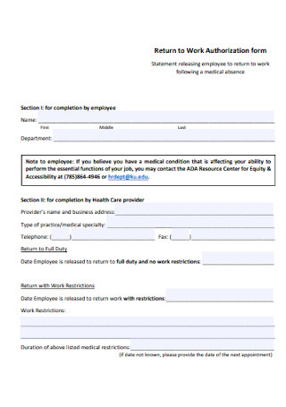 Return to Work Authorization form