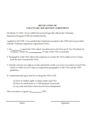 Revocation of Voluntary Separation Agreement