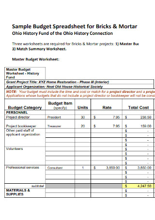 Sample Budget Spreadsheet for Bricks