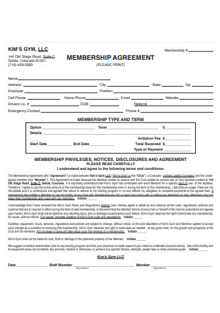 Sample Gym Membership Agreement