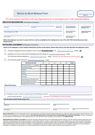 Sample Return to Work Release Form