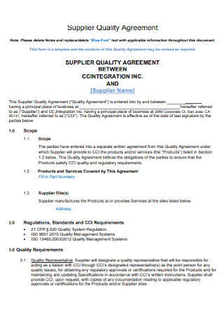 Sample Supplier Quality Agreement