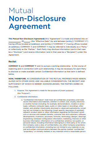Standard Mutual Non Disclosure Agreement