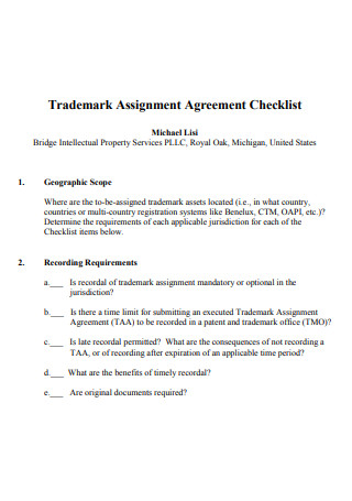Trademark Assignment Agreement Checklist