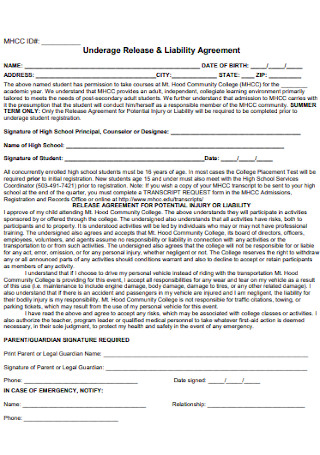 Underage Release and Liability Agreement