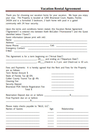Vacation Rental Agreement Format