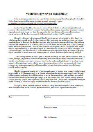 Vehicle Use Waiver Agreement