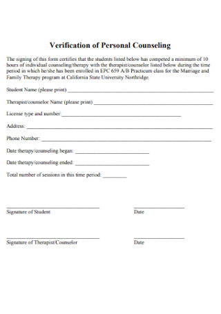 Verification of Personal Counseling Form