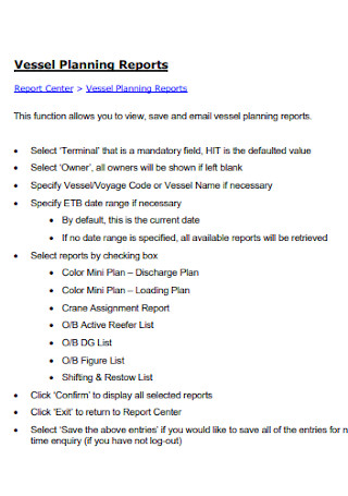 Vessel Planning Reports