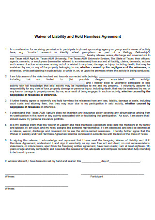 Waiver of Liability and Harmless Agreement