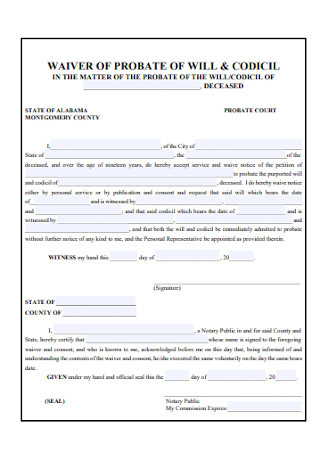 Waiver of Probate of Will and Codicil