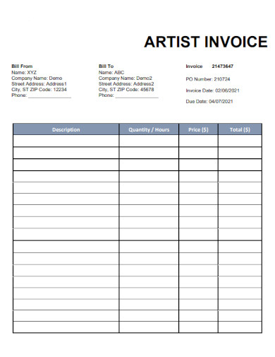 Artist Blank Invoice