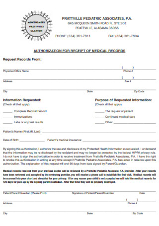 Authorization For Receipt of Medical Record