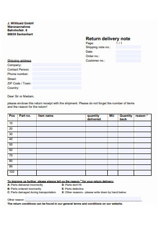 Basic Return Delivery Note