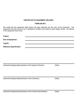 Certificate of Equipment Delivery Form