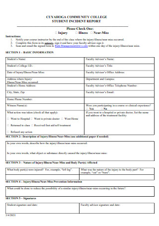 College Student Incident Report Form