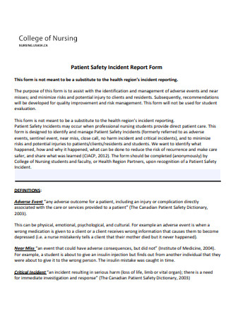 College of Nursing Patient Safety Incident Report Form