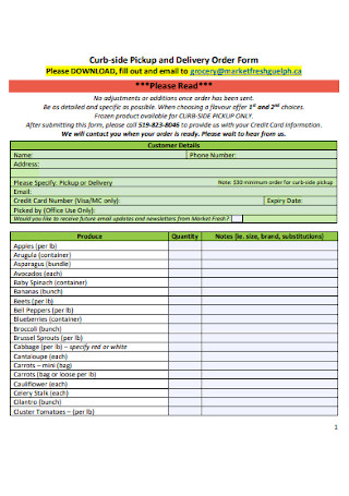 Curb side Delivery Order Form