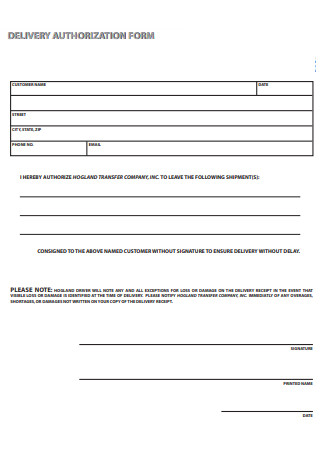 Delivery Authorization Form