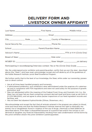 Delivery Form and Livestock Owner Affidavit