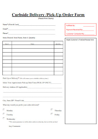 Delivery and Pick Up Order Form