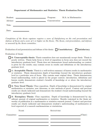 Department of Mathematics and Statistics Thesis Evaluation Form