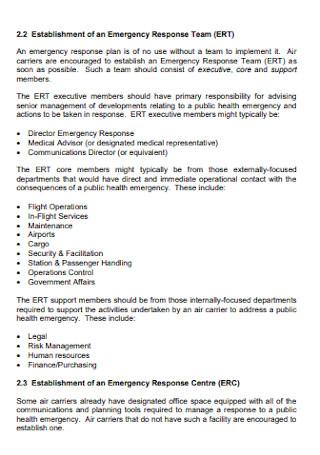 Establishment of an Emergency Response Plan