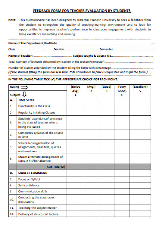 Feedback Form for Teacher Evaluation