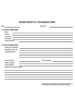 Formal Lost Incident Report