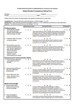 Global Resident Evaluation Competency Rating Form