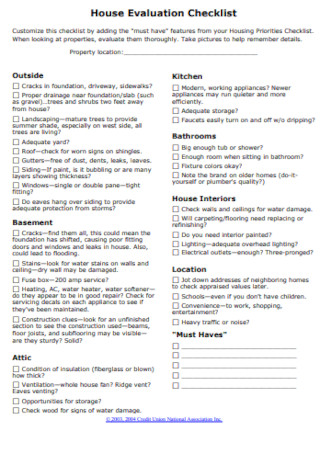 House Evaluation Checklist