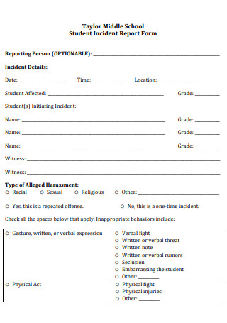 Middle School Student Incident Report Form