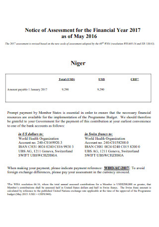 Notice of Assessment for the Financial Year