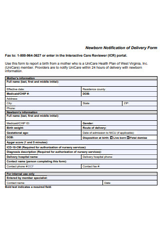 Notification of Delivery Form