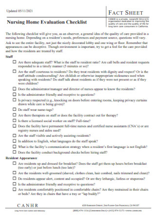 Nursing Home Evaluation Checklist
