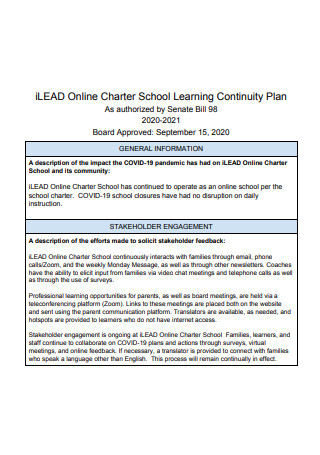 Online Charter School Learning Continuity Plan