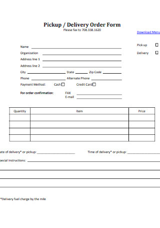 Pickup and Delivery Order Form