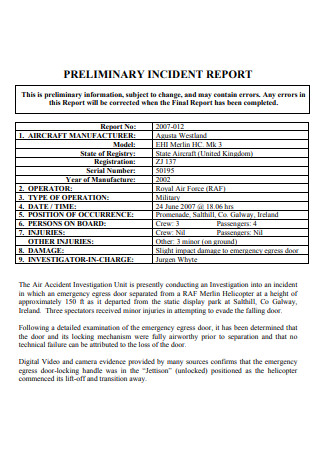 Preliminary Incident Report Template